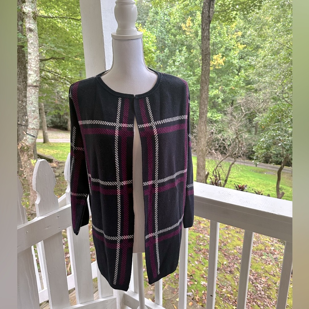 Ann Taylor Open Front Plaid Sweater Jacket L Petite FREE SHIP